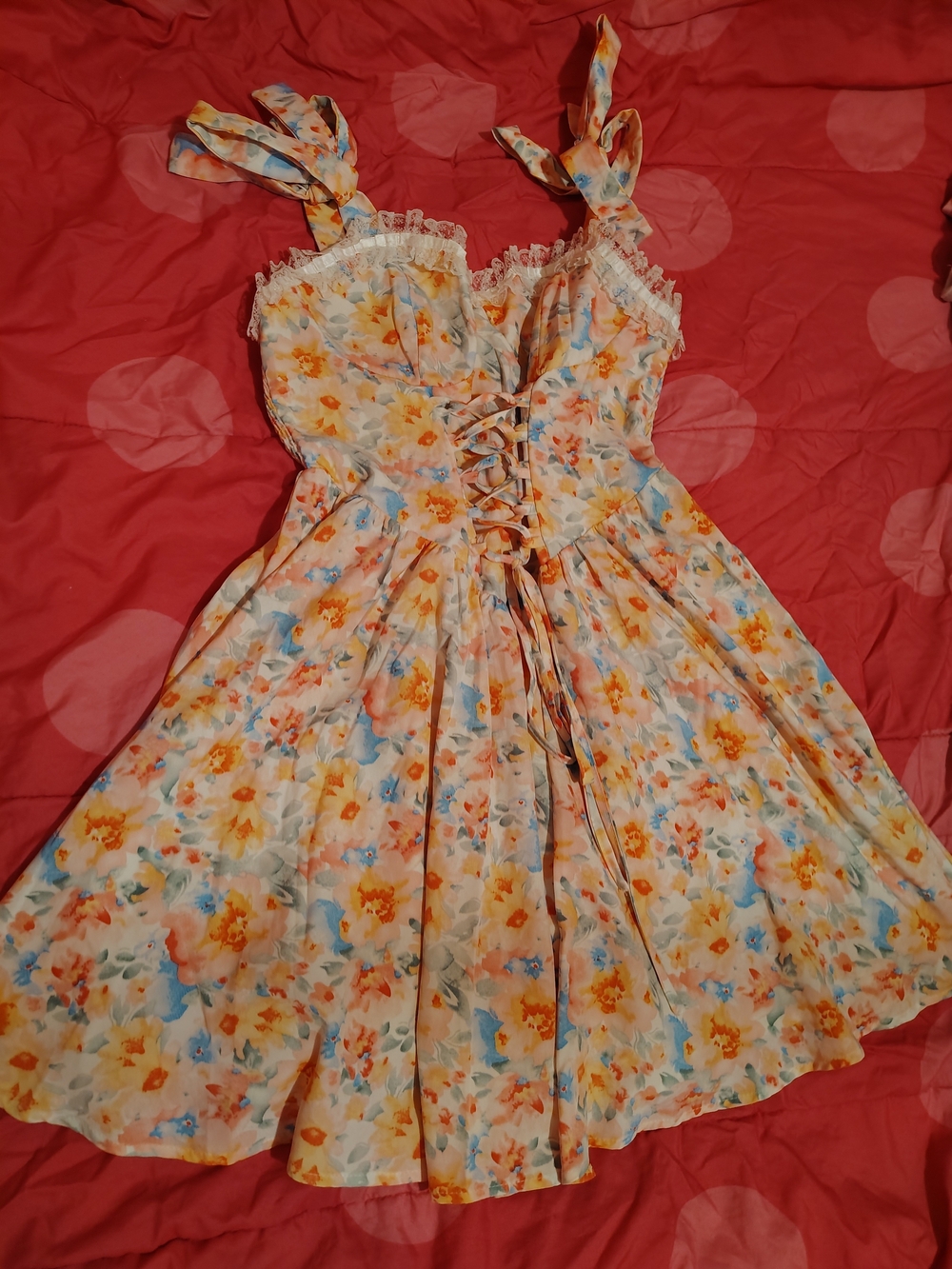 SHEIN Cream Floral Tie-Front Sundress with Yellow & Blue Blooms